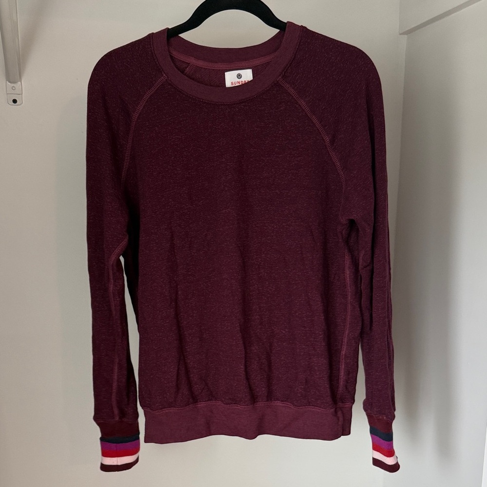 Sundry Maroon Crewneck Sweater with Multicolor Cuffs